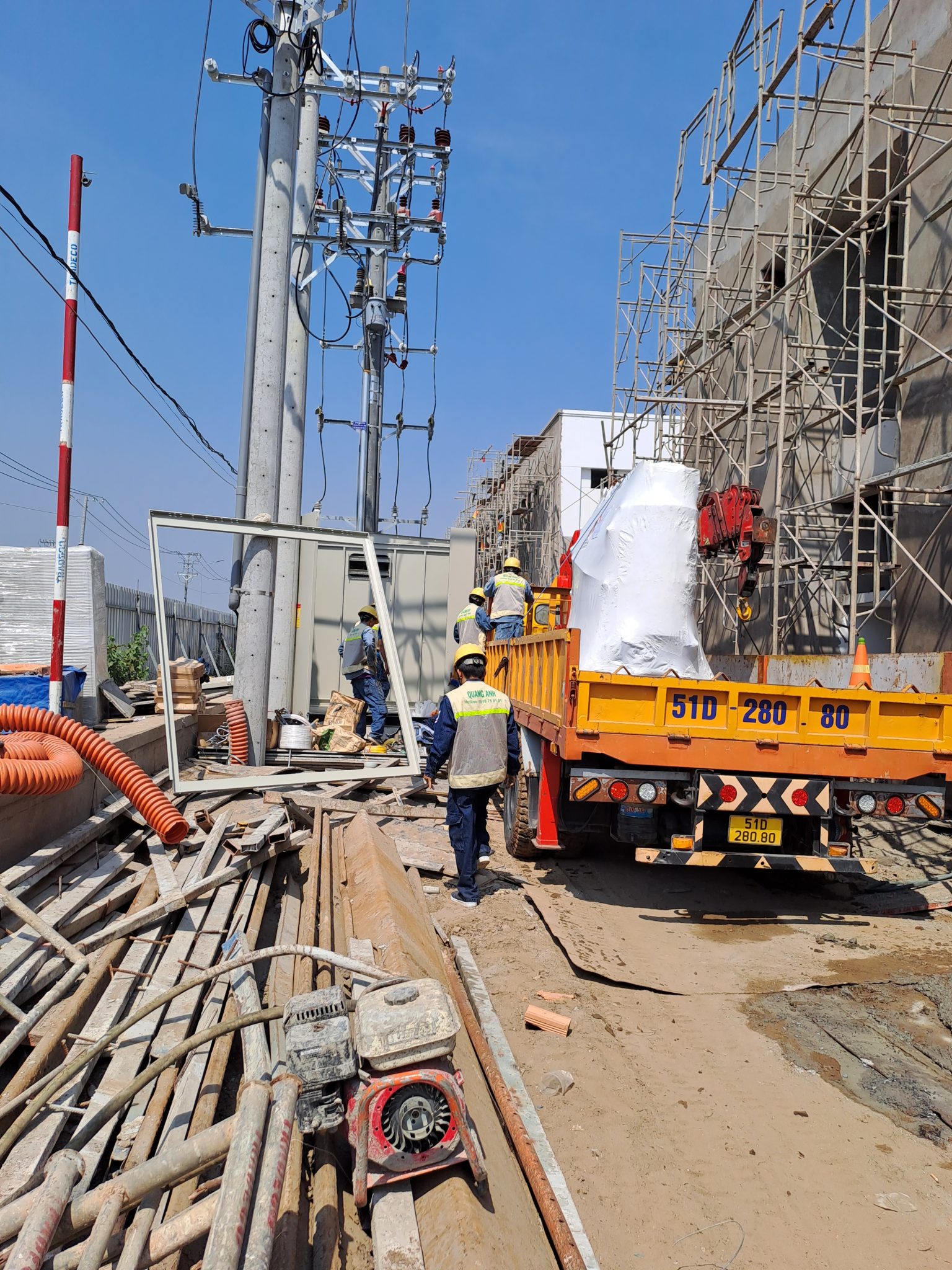 Detail of industrial electrical installation process Detailed process of industrial electrical installation with electrical equipment.
