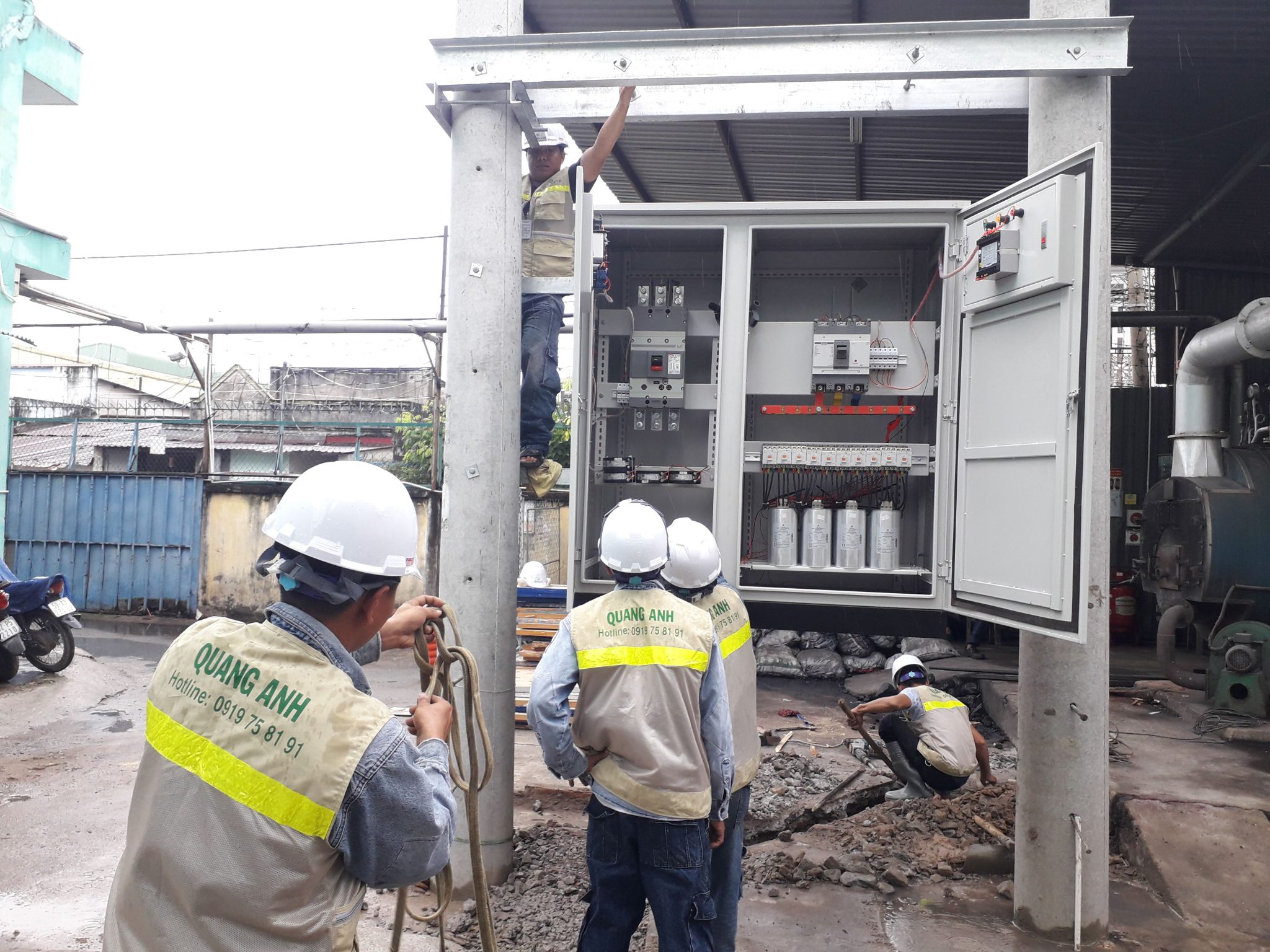 Industrial electrical design with main electrical systems. Industrial electrical design involving diagrams, control panels, and high-voltage lines.
